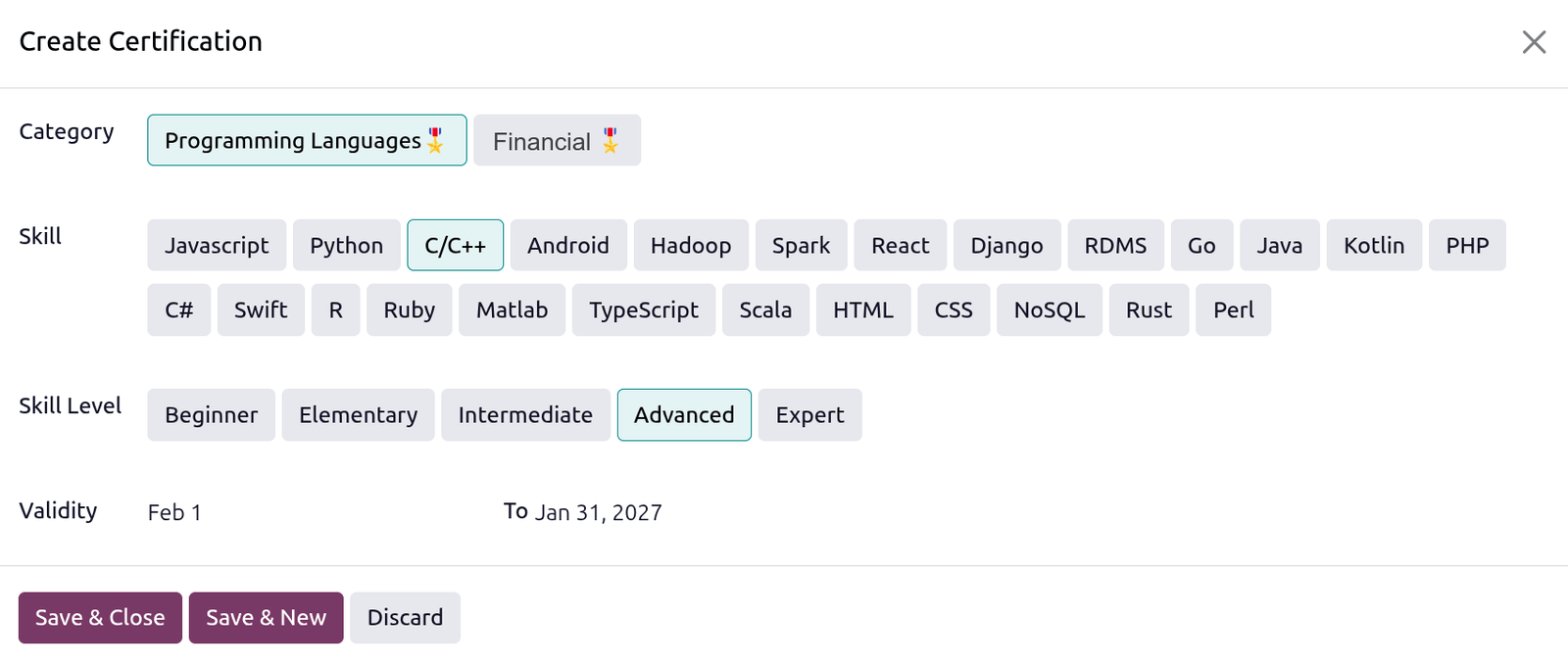 Odoo 19 employee certification and skill record