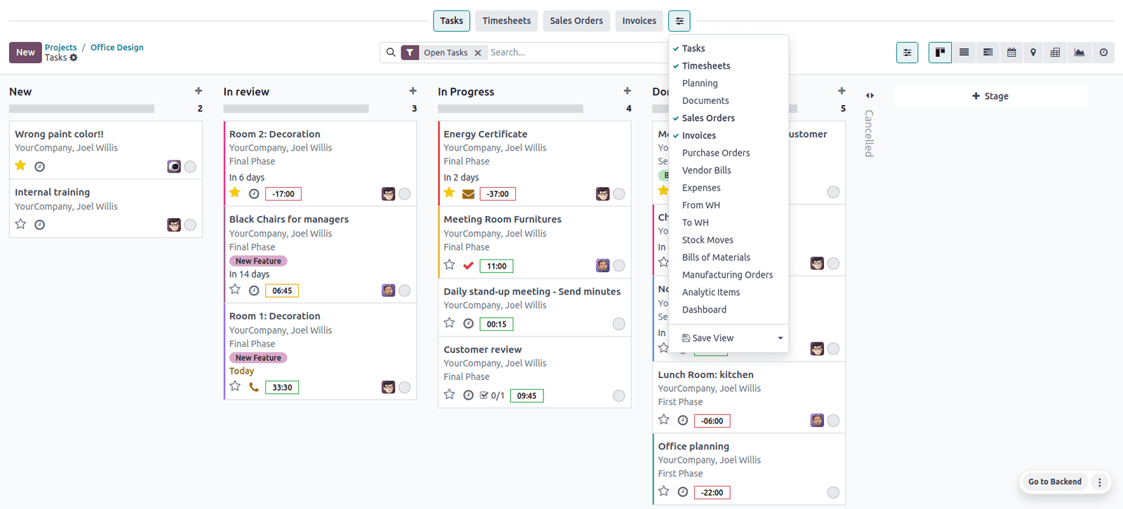 Odoo 19 Project task Kanban and related records