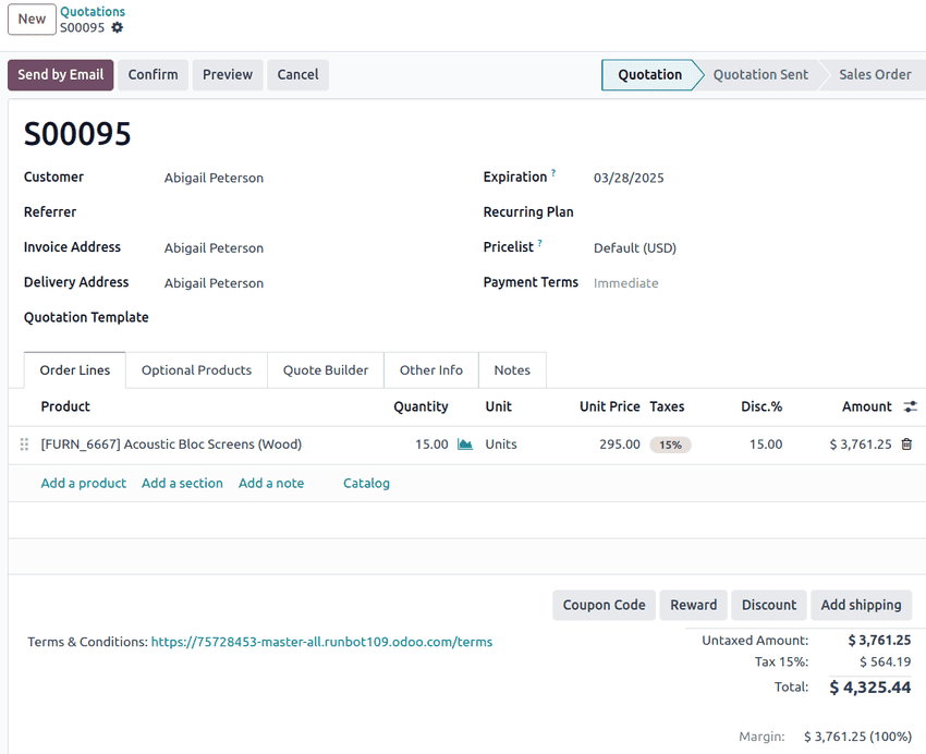 Odoo 19 Sales quotation interface