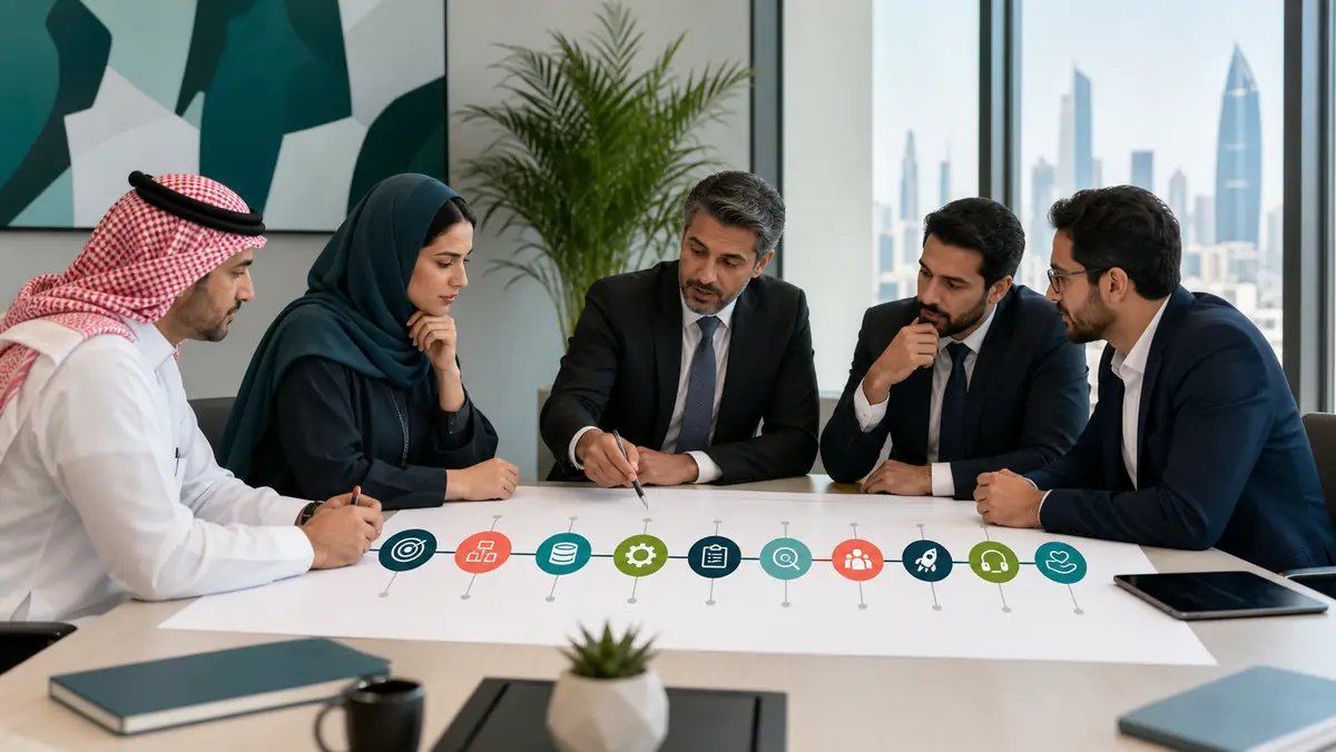 Saudi project team reviewing a structured Odoo implementation roadmap from scope through support