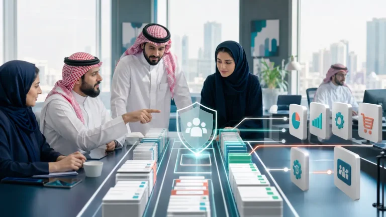 Saudi technology finance and operations team reviewing data permissions and integrations for Odoo